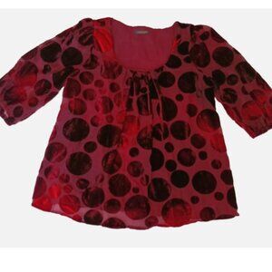 E-cologie Crushed Velvet Polka Dots 3/4 Sleeve Round Neck Top Lined M Burgundy